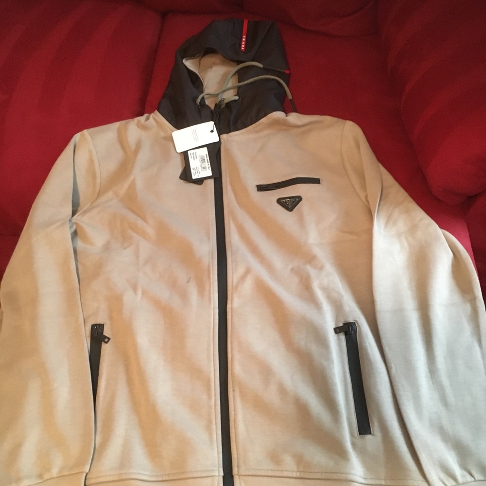 Prada tan and black Neoprene and Nylon sweatsuit. Logo. Size 2XL but fits XL.